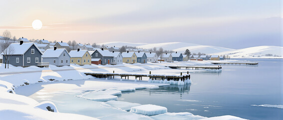 Winter landscape with charming houses by the icy shore