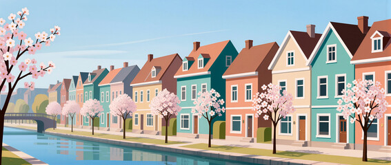 Colorful houses by a serene canal lined with blooming cherry trees