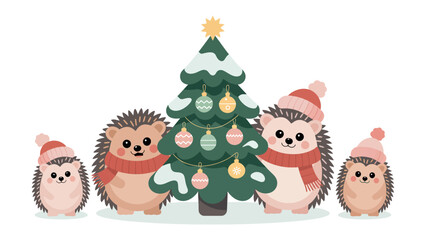 Holiday Hedgehogs: A charming ensemble of festive hedgehogs, each adorned in cozy hats and scarves, gather around a beautifully decorated Christmas tree, evoking warmth and holiday cheer.