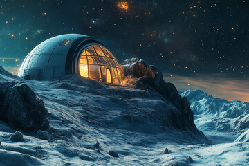 Generative AI illustration of a glowing futuristic building in a alien civilization on a moon under starry sky