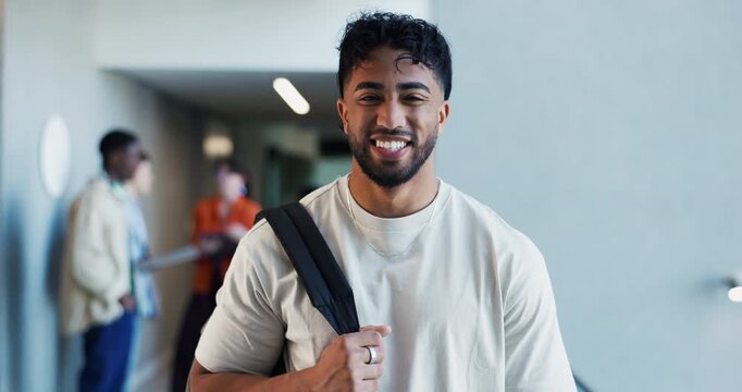 Face, confident and man in college, laugh and happy to learn with scholarship, student and education. Learner, future and people with funding opportunity for university, knowledge and academic grant