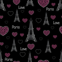 Seamless romantic pattern with Eiffel Tower and pink hearts on black background. Ideal for Valentine&rsquo;s Day, fashion textiles, wrapping paper, and Paris-inspired decor.