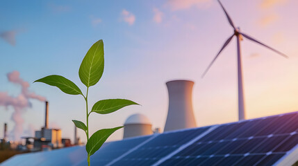 A young green plant against a backdrop of solar panels, wind turbines, an oil refinery, and a nuclear power plant - a creative concept for power generation