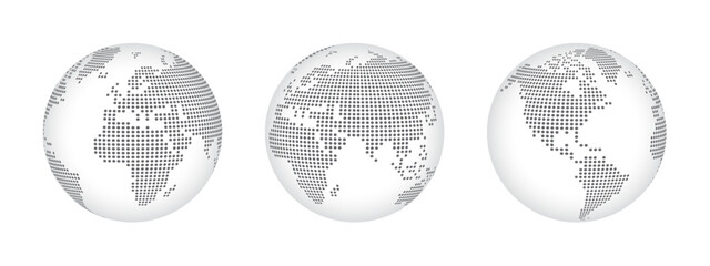 Halftone world map with dot pattern, dotted globe continents graphic, black and white Earth planet