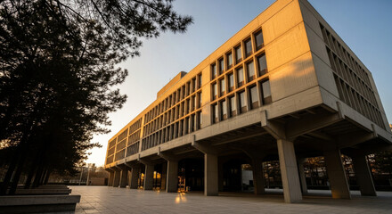 Exterior shot of Brutalist building featuring geometric windows and concrete columns. Captured during sunset with golden light, architectural design emphasizes clean lines and minimalist style.
