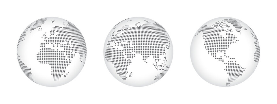 Halftone world map with dot pattern, dotted globe continents graphic, black and white Earth planet