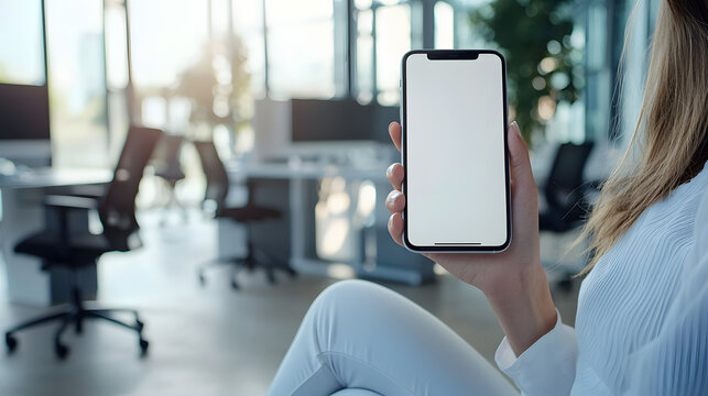 A smartphone with a white screen mockup in a businesswoman's hand against a backdrop of office workstations and panoramic windows on a sunny day
