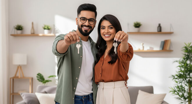 A young Indian couple stands together in a modern living room, smiling and proudly holding keys to their new home.