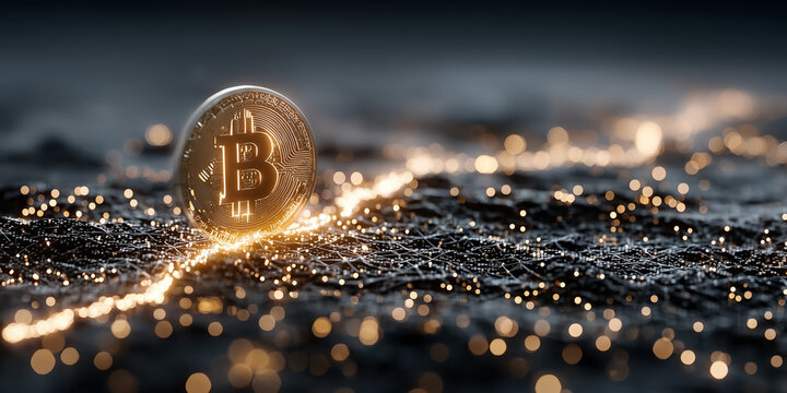 Bitcoin coin on glowing network lines with soft bokeh background