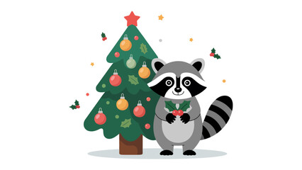 Festive raccoon and Christmas tree: A cheerful raccoon, adorned with a sprig of holly, stands proudly beside a beautifully decorated Christmas tree, a delightful image of holiday cheer. 