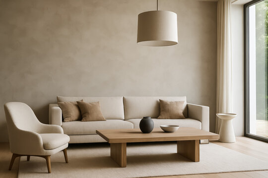 Cozy modern living room with natural colors and décor - Powered by Adobe