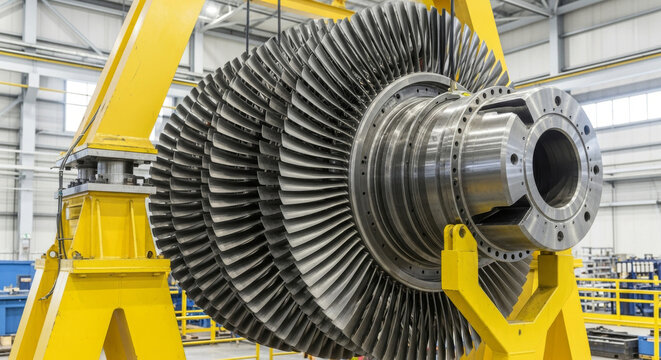 A detailed close-up of a turbine rotor on a yellow stand in a factory, highlighting the metal construction, intricate blade design, and bright industrial setting.