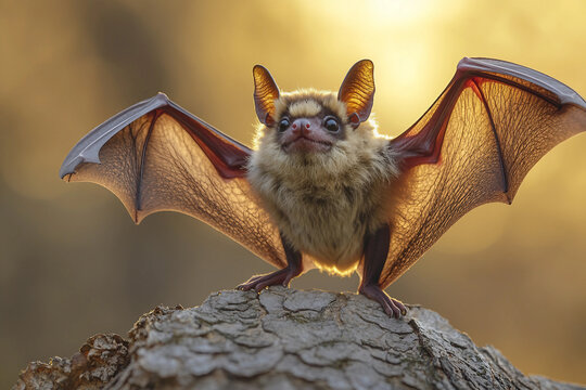 Generative AI image of a wild bat stretching its wings on tree bark after hibernation in warm glowing sunlight - Powered by Adobe