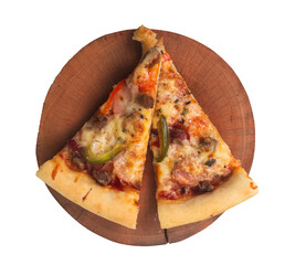 slice of pizza on wooden board isolated on white background. shot with high angle view