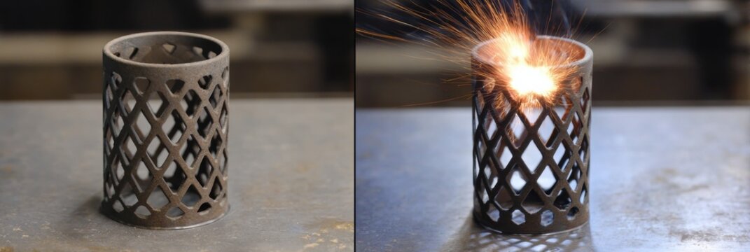 Metalworking Process Showing a Decorative Lattice Cylinder Before and During Spark Creation