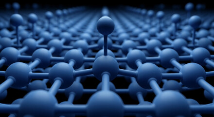 Deep blue molecular structure featuring interconnected spheres and rods set against a dark background. Illustrates science, technology, and nanoscale connectivity.