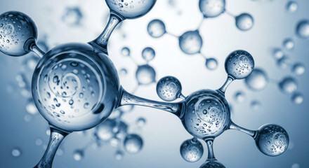 A detailed 3D render of a blue molecular structure featuring connected spheres. The image emphasizes scientific precision and technological advancement on light background.