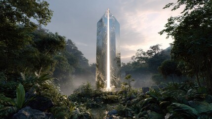 Fototapeta premium Mysterious crystal monolith in lush jungle