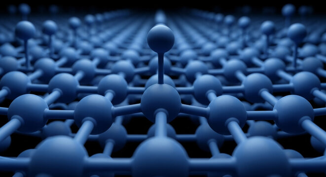 Deep blue molecular structure featuring interconnected spheres and rods set against a dark background. Illustrates science, technology, and nanoscale connectivity.