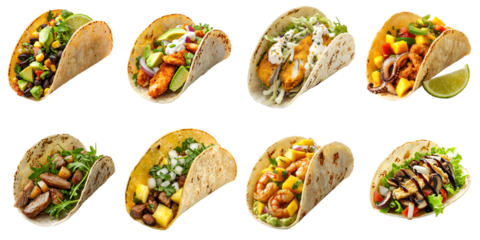 Set of delicious tacos with various fillings, isolated on a transparent background PNG