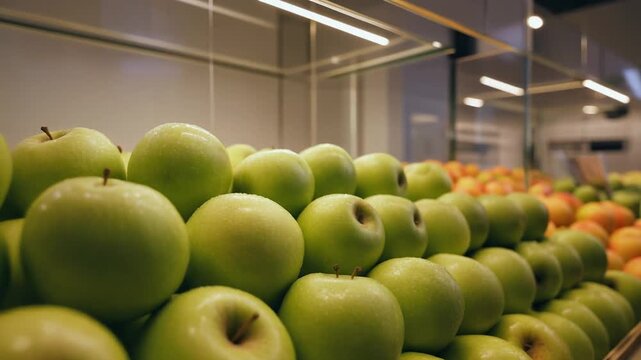 A slow push-in shot toward neatly stacked green apples under soft ambient light 