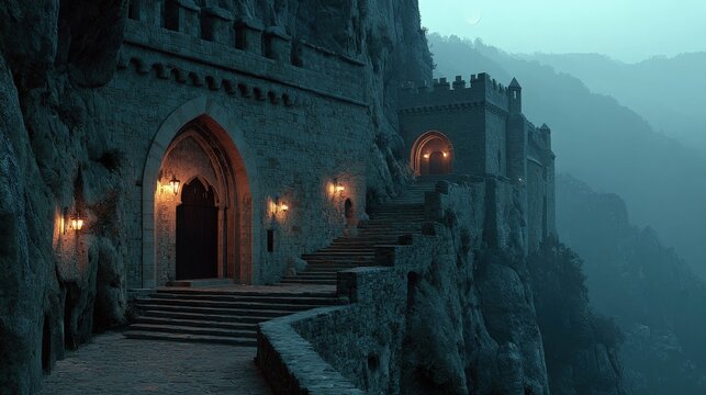 Medieval Castle Architecture Background Stone fortress on a cliff torch-lit corridors foggy moonlit night - Powered by Adobe