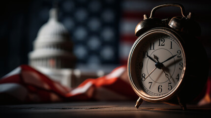 Political Deadline Clock with US Flag and Capitol Blur
