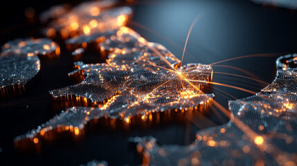 Futuristic UK digital map with glowing data nodes and orange network arcs