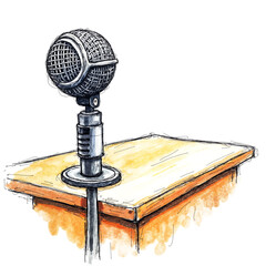 Vintage microphone on wooden stand in hand-drawn sketch style for retro music, podcasting and public speaking