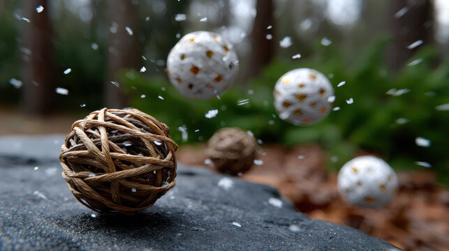 Whimsical spheres crafted from natural materials and adorned with snowflakes create a lively motion effect, blending nature's beauty with artistic design in a captivating scene.
