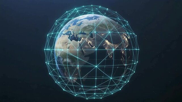 3D rendering of planet Earth with a luminous blue grid representing worldwide data connections and future technology