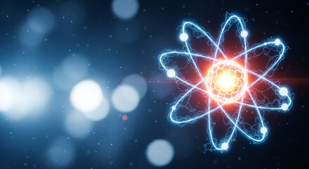 Obraz premium Abstract glowing atomic structure with vibrant blue and orange lights against a dark backdrop, representing science, physics, and futuristic technology.