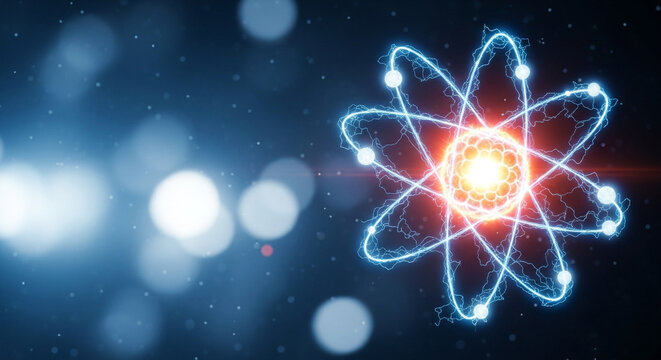 Abstract glowing atomic structure with vibrant blue and orange lights against a dark backdrop, representing science, physics, and futuristic technology.