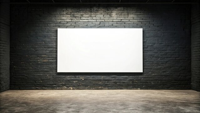 A blank white canvas hangs on a dark brick wall in a dimly lit room, ready for artwork