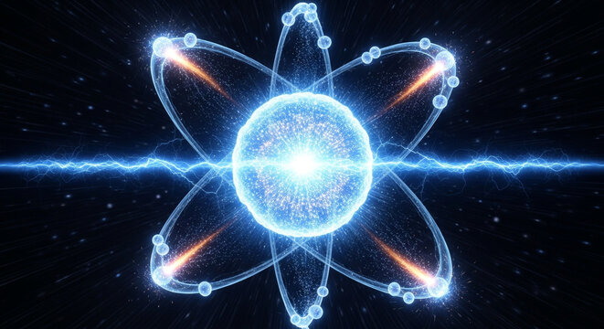 Illustration of a luminous blue atom with glowing electrons orbiting around the nucleus on a black background, representing particle physics and energy.