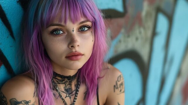 selective focus unique alternative model with vibrant hair color tattoos and edgy fashion
