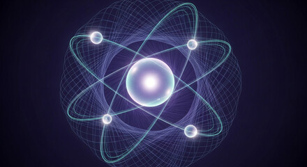 Glowing particle atom model on a dark purple background. Shows quantum physics with white light and circular orbits. Represents scientific visualization and a concept of energy.