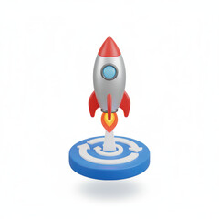 3d rocket financial growth launches over circular target icon