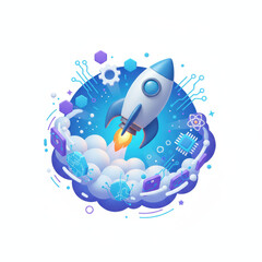 3d rocket launch drives financial growth in cloud tech with bright blue glow