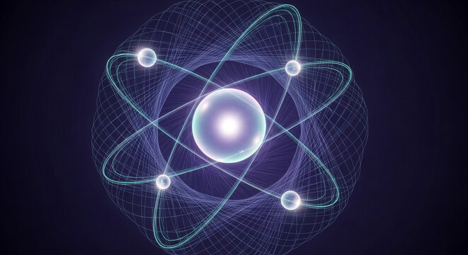 Glowing particle atom model on a dark purple background. Shows quantum physics with white light and circular orbits. Represents scientific visualization and a concept of energy.