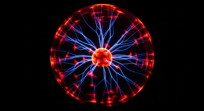 A vibrant plasma ball features blue and red lightning discharge on a black background, showcasing scientific electricity and technology in a studio shot. - Powered by Adobe