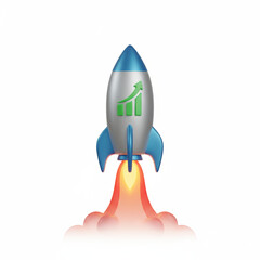 3d rocket launch symbol for financial growth with upward chart icon and bright flame