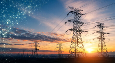 Dramatic sunset scenery featuring power line towers silhouetted against a vibrant sky. Digital network overlay with golden light illuminating a distant cityscape.