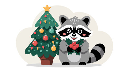 Festive Raccoon & Christmas Tree: A cute cartoon raccoon stands cheerfully beside a decorated Christmas tree, embracing the holiday spirit with festive decor.