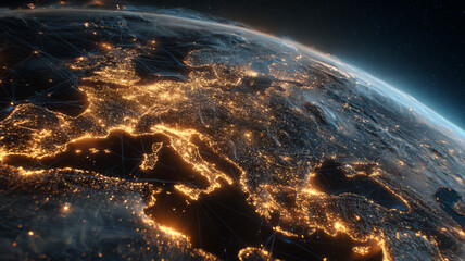Digital Earth from Space Focused on Europe and UK with Glowing City Lights, Orange and Blue Network Connections