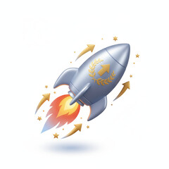 3d rocket financial growth symbol with silver body rising fast and dynamic optimism