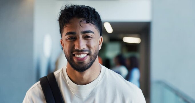 Face, student and man with smile, college and happy to learn with scholarship, education and hallway. Learner, laughing and people with funding opportunity for university, knowledge or academic grant