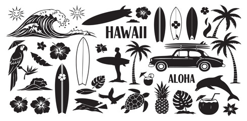 Hawaii Illustration: A captivating illustration featuring iconic symbols, evoking the spirit of aloha and the essence of surf culture. The artwork showcases an array of elements.