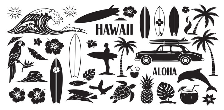 Hawaii Illustration: A captivating illustration featuring iconic symbols, evoking the spirit of aloha and the essence of surf culture. The artwork showcases an array of elements.