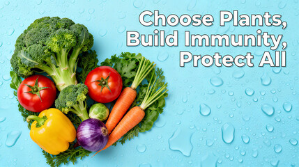 Heart shaped vegetables and slogans, vegetarian choices, immune system building, and global protection concepts, suitable for vegetarian health activities and public welfare promotional materials.
